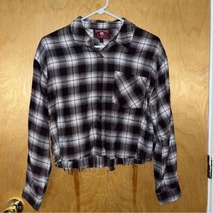 Hippie Rose Brown Cropped Distressed Plaid Shirt- Size Small